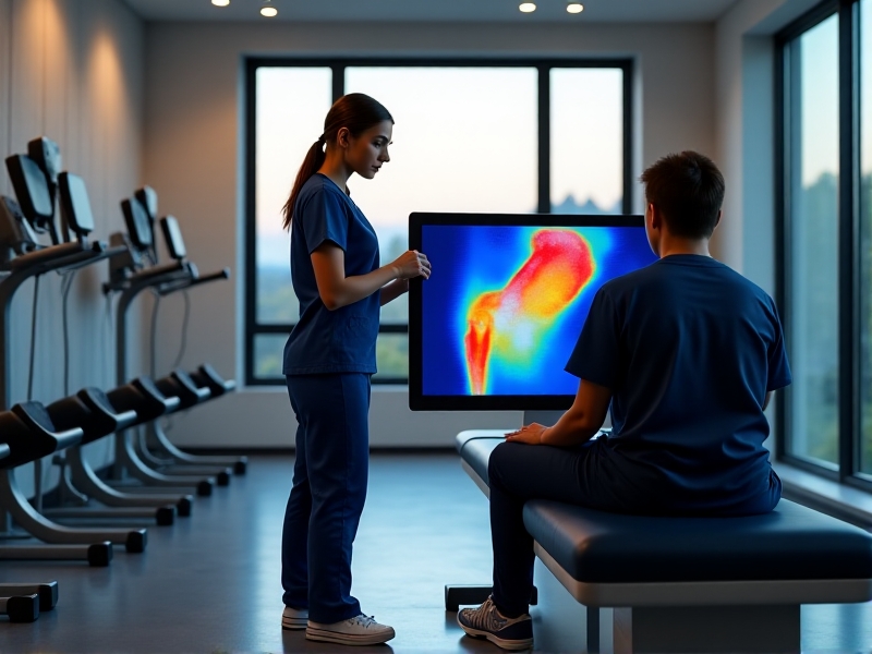 A physical therapist using an infrared thermography device to assess a patient’s knee after a cryotherapy session. The thermal image on the screen shows a reduction in inflammation, with cooler blue tones replacing the previous red and orange areas. The setting is a rehabilitation center with exercise equipment and large windows letting in natural light.