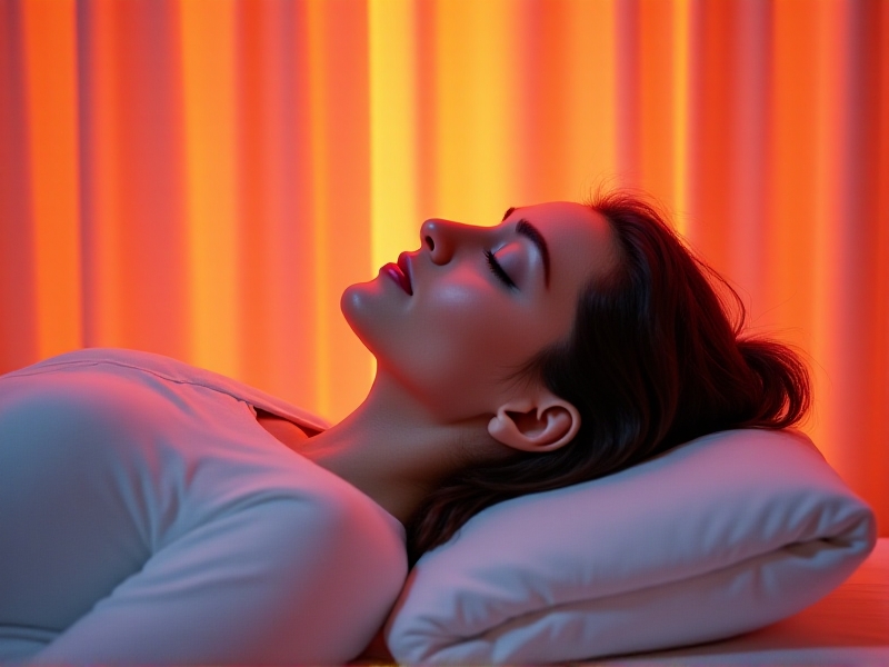 A patient undergoing hyperthermia treatment, lying on a medical bed with warm red light surrounding them, creating a soothing and therapeutic atmosphere.