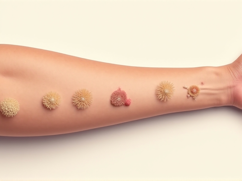 A detailed image of various skin lesions on a patient's arm, including warts, skin tags, and actinic keratosis. The lesions are clearly visible against the skin, providing a visual representation of the conditions treated with cryotherapy.
