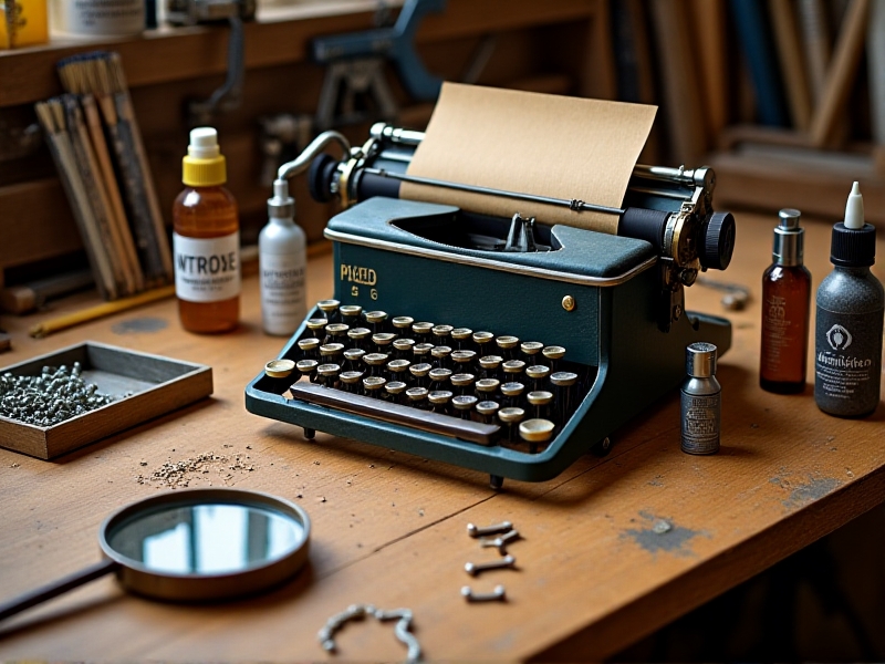 An assortment of tools and materials for typewriter restoration, including screwdrivers, brushes, oil bottles, and cleaning solvents, neatly arranged on a wooden workbench with warm lighting, ready for use.