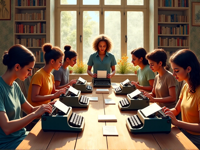 A group of diverse poets gathered in a sunlit workshop space, typing on vintage typewriters, with a facilitator offering guidance and encouragement.