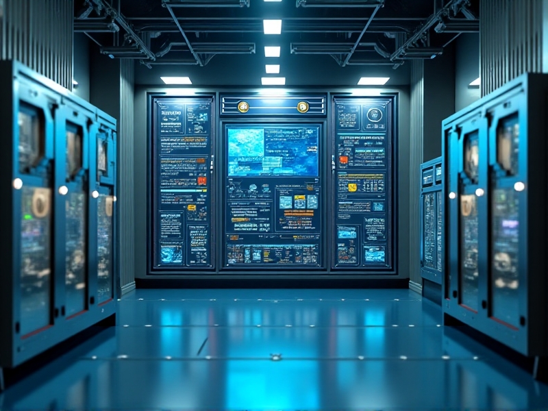 A high-tech automated humidity control system in action. The image shows a control panel with digital displays, connected to sensors placed inside multiple tanks. The setting is a modern facility, with sleek, futuristic design elements. The lighting is soft and focused, highlighting the advanced technology. The colors are cool, with blues and silvers creating a high-tech and efficient vibe.